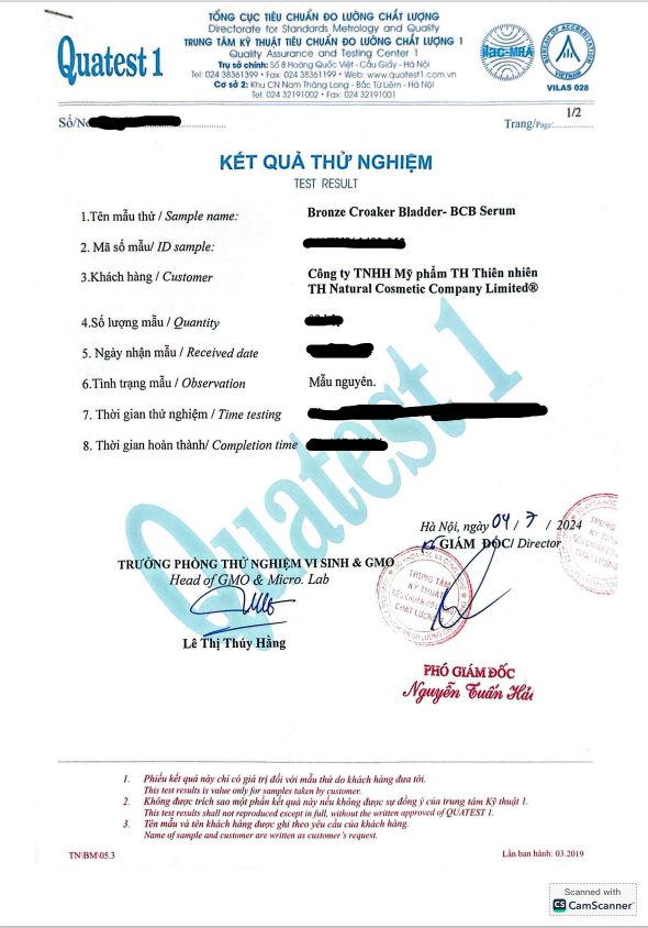 Kết quả thử nghiệm serum BCB